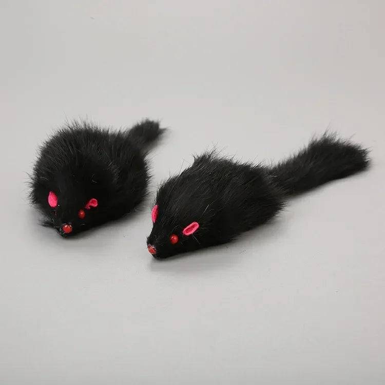 Rabbit Fur & Plush Mouse Toy for Cats – Long Tail Chew & Play Mice - black / 5pcs (5pcs)