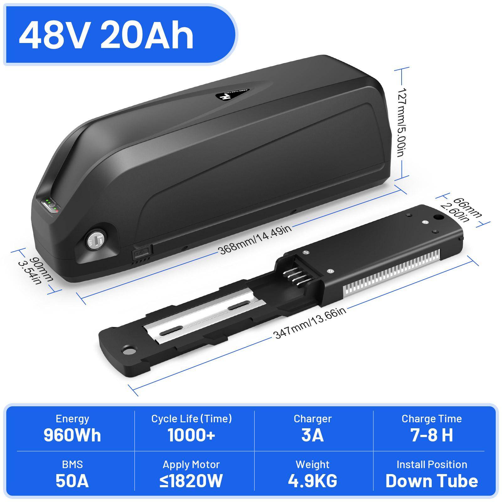 48V 20Ah Litiumbatteri för Nedre Ram till Elcykel 500W 750W 1000W 1500W 2000W Motor EU Lager svart