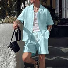 Enknäppt enkelknäppt skjorta och shorts för män Casual Set Herr Tvådelade Korta Set Herr Shorts Set Herr Skjorta Co Ords Herrkläder Set Sommar Herr Ou - Mintblå (L,M,S,XL,XXL)