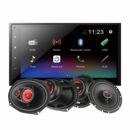 Pioneer DMH-A340DAB & Bass Habit PLAY-högtalare, bilstereopaket