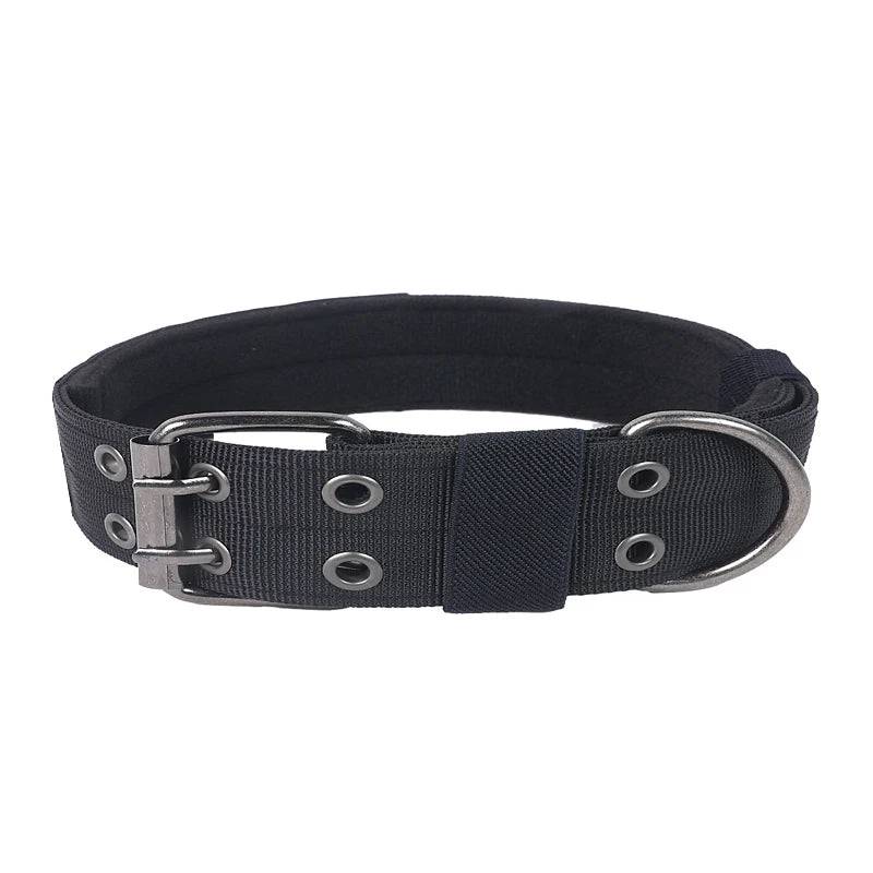 Military Dog Collar with Metal D-Ring & Buckle — Adjustable Working Collar for Medium & Large Dogs - black / L (L)