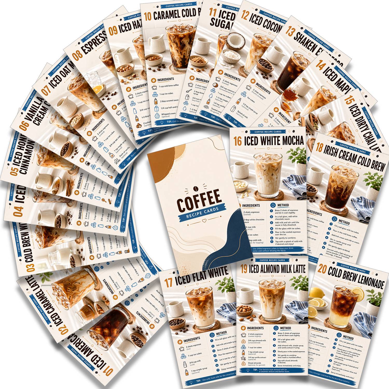 [iced Coffee Recipes] 20 Iced Coffee Recipes Flash Cards| Coffee Recipe Learning Cards For Baristas & Home , Perfect For Kitchen, Coffee Bar, & Daily Use