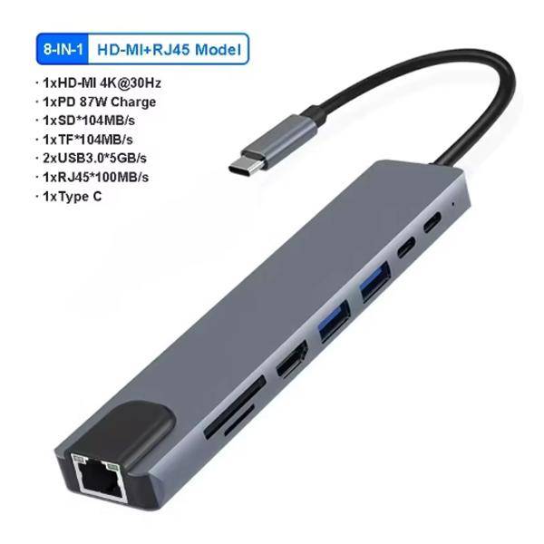 8 i 2 USB C HUB USB 3.0 Typ C Dockningsstation 5 Gbps Höghastighetsöverföring USB-splitter Typ C till USB OTG-adapter 8 in 1