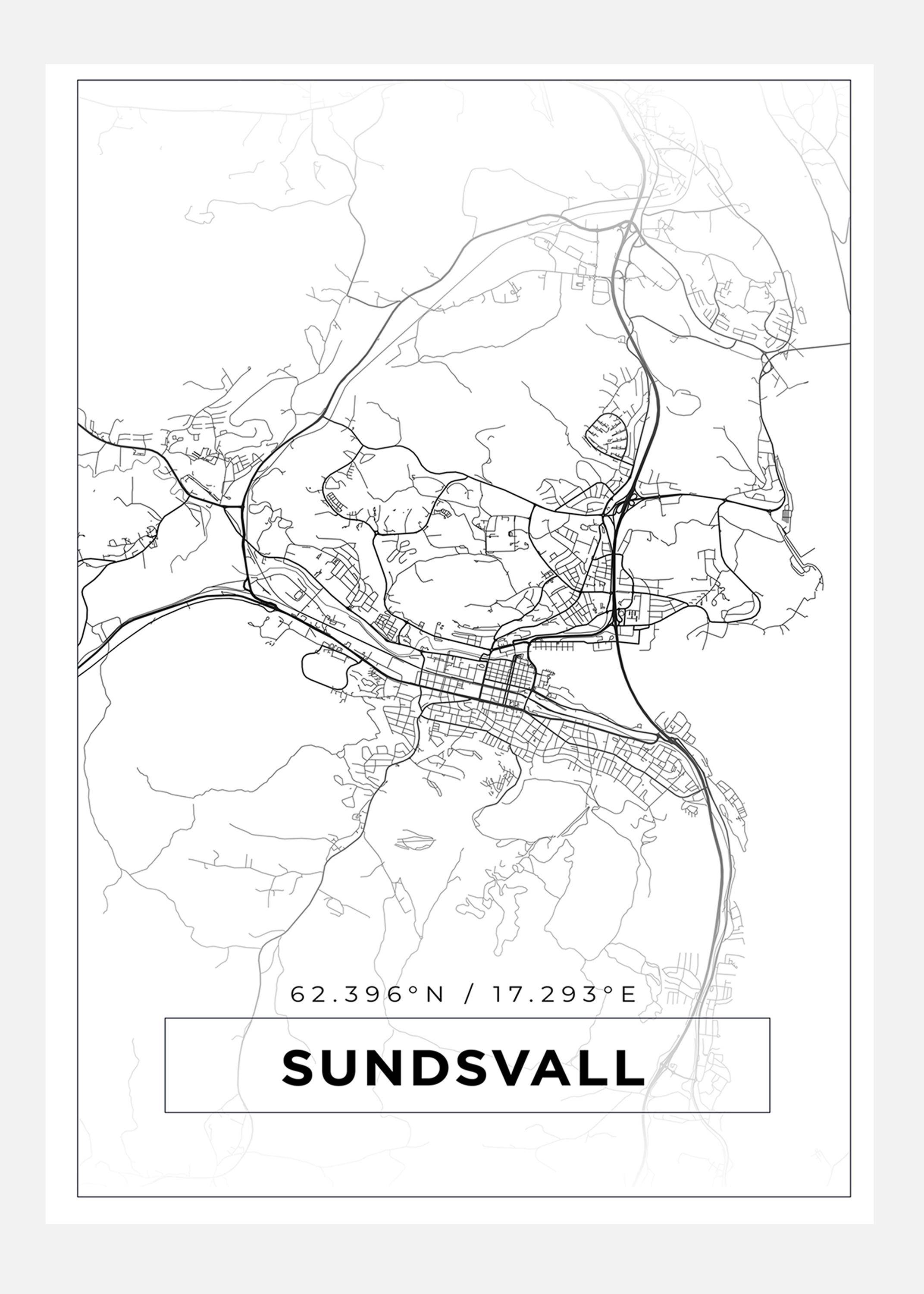 Karta - Sundsvall - Vit Canvastavla (50x70 cm)