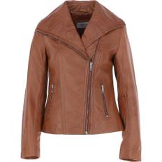 &apos;Isabella&apos; Ladies Leather Wide Collar Biker Jacket: Universal Tan 8