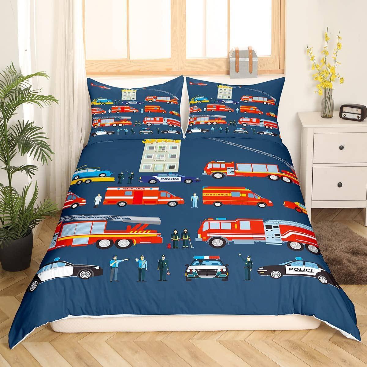 Brandbil Kung Drottning Påslakan Tecknad Polisbil Sängkläder Set för Barn Pojkar Brandman Täcke Överdrag Polyester Täcköverdrag 70x133cm 2pcs
