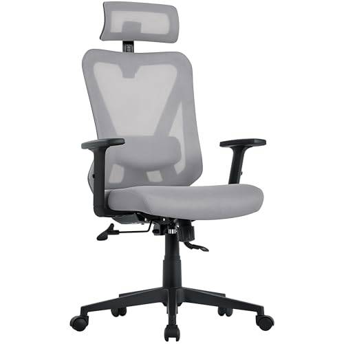 Yaheetech Kontorsstol ergonomisk, skrivbordsstol med justerbart nackstöd, armstöd, ländryggsstöd, snurrstol, chefsfåtölj, höjdjustering och gungfunktion, ryggvänlig, ljusgrå