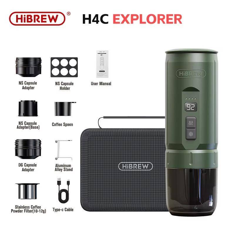 HiBREW Bärbar Espressomaskin för Bil & Hem Camping Kaffebryggare Passar Nespresso Dolce Kapsel Pulver H4C grön