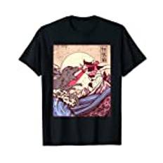 Vintage Retro Japanese Great Wave Cat Vs Monster Otaku Manga Kurzarm T-Shirt