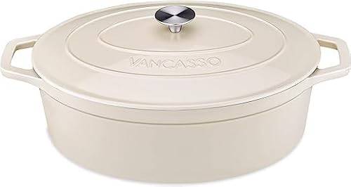 vancasso holländsk ugn 8 liter, oval gjutjärnsgryta med dubbla öglor, naturligt non-stick slitstark gjutjärn holländsk ugn för hembakning, briljans, matlagning – 37 cm
