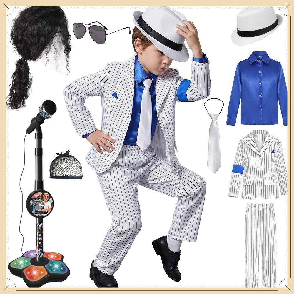 Halloweenkarneval Pojkar Jackson Kostym Dansare Sångare Moonwalk Scenkostymer 80-tal Pop Rock Superstjärna Utklädnad Vitrandig Kostym cm