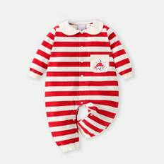 Kontrastkrage Ficka Framsida Knappar Tecknad Film Randig Baby flickor Jumpsuits - Röd (6-9M,9-12M,12-18M,1-3M,3-6M)
