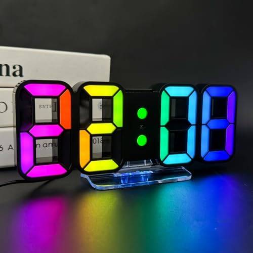Seutgjie 3D LED digital väckarklocka, bordsklocka digital klocka 14 RGB färgväxling 12/24 timmar 3 ljusstyrkenijusteringar nattljusläge snooze-läge med fjärrkontroll svart