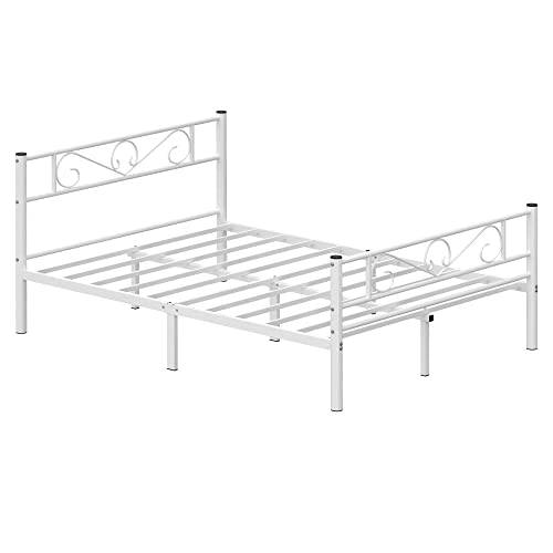 Vasagle RMB063W01 dobbeltseng ramme metal seng ramme passer til 140 x 190 cm madras, gæsteseng, voksne, børn, let samling, små rum, hvide.