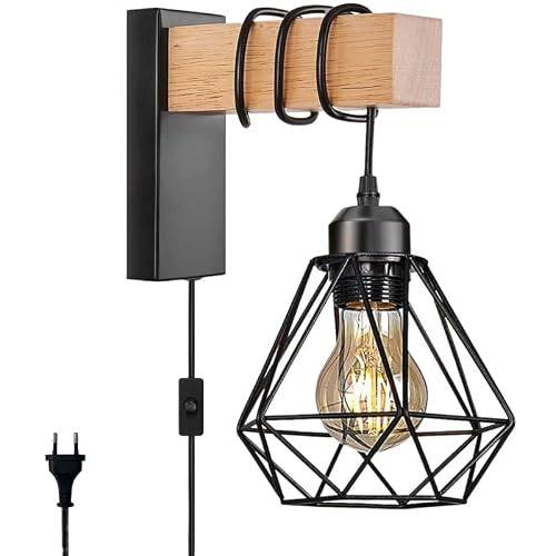 ELINKUME Vägglampa i trä inomhus med kontakt och strömbrytare,E27 industriell vägglampa med metallburskärm för sovrum,vardagsrum,korridor Dekorativ belysning Vägglampor(utan glödlampa)