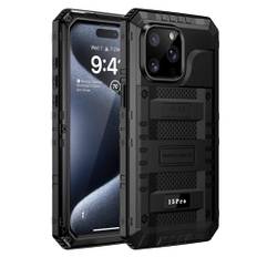 seacosmo iPhone 15 Pro fodral vattentätt, militärstandard skyddsfodral med inbyggt skärmskydd stötsäkert metall mobiltelefonfodral för iPhone 15 Pro, svart