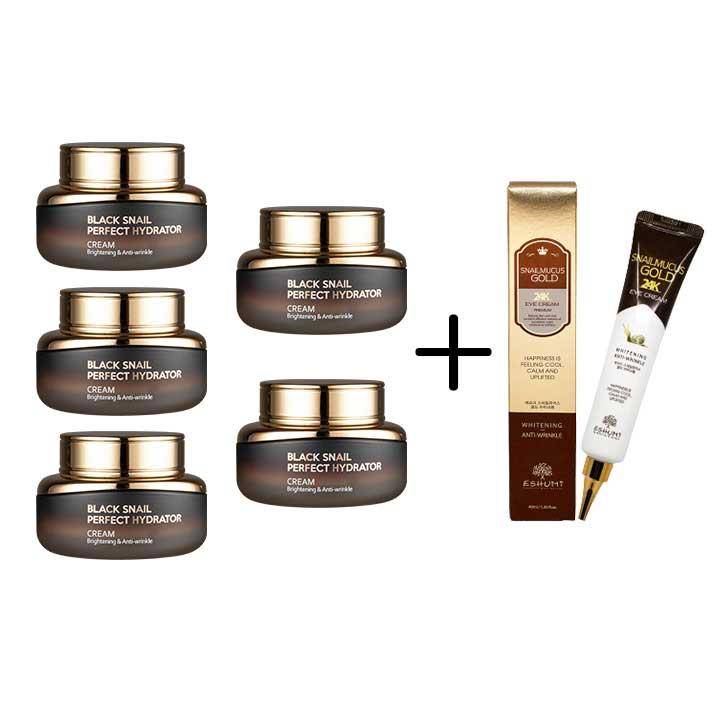 Eshumi Black Snail Hydrator Cream 50ml (5-pack) + Gratis Guld Ögonkräm - Djup Återfuktning & Hudreparation black