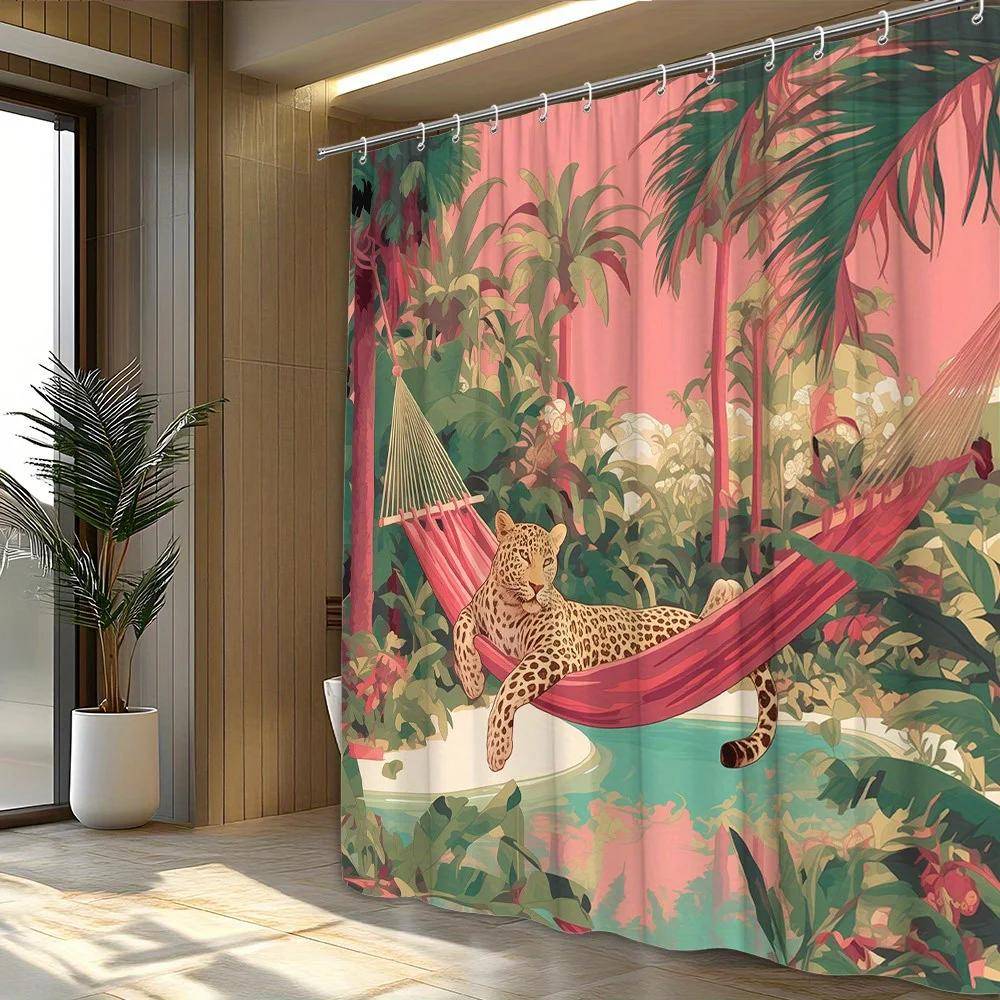 1 st Duschdraperi Tropisk Djungel med Gyllene Leopard i Röd Hängmatta - Livfullt Polyestertyg 70x70 Tum, Inkluderar 12 Krokar