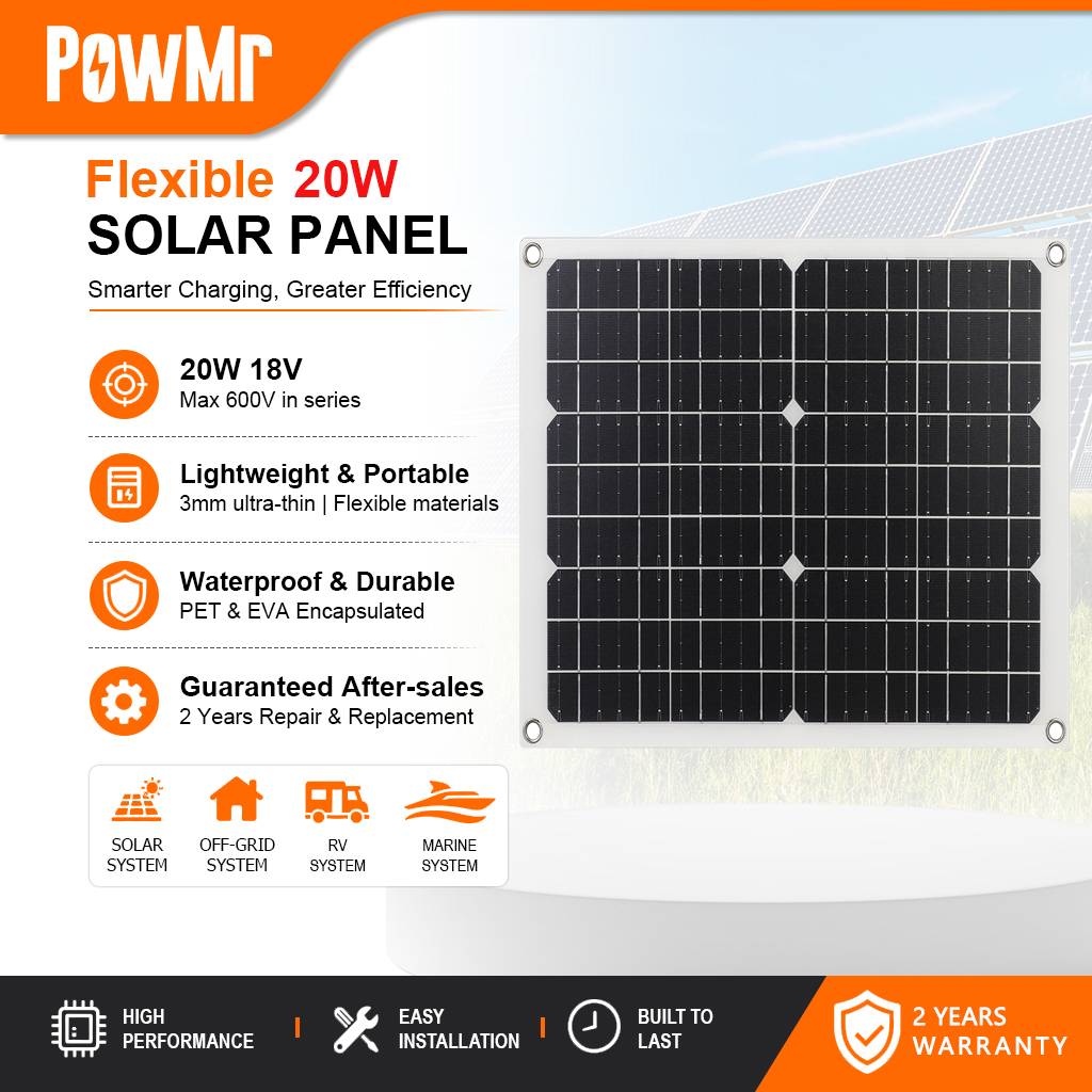 PowMr 20W Flexible Monocrystalline Solar Panel Support Up To Series Connection PET EVA Encapsulated Waterproof Durable Solar Power Panel For RV Car Boat Camping Home Off-Grid Solar System