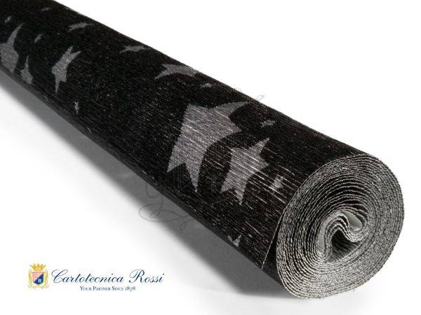 Kräppapper 180 - Super Florist 809/2 - Metallic Printed - Silver Stars on Black