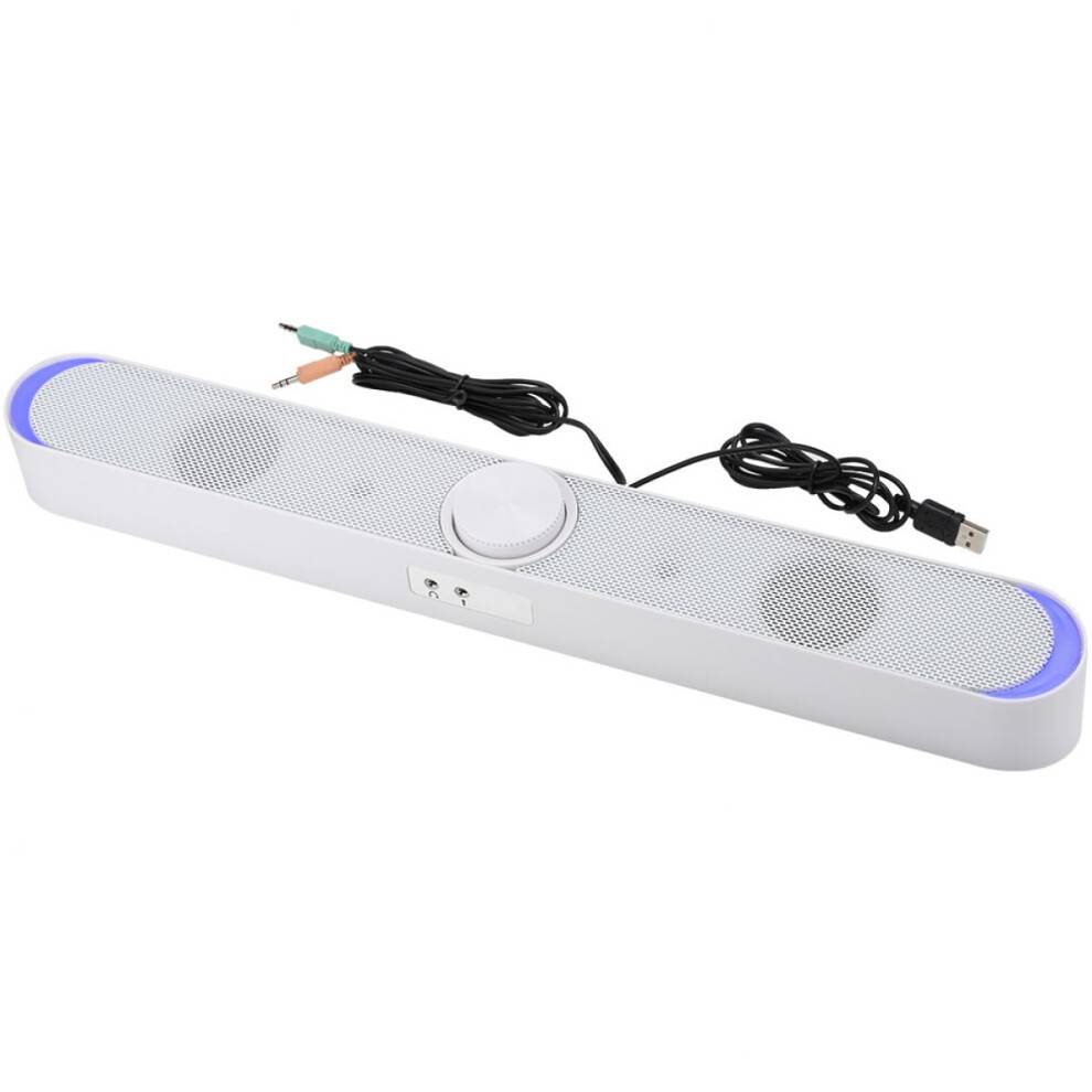 Løft din skrivebordslyd med krystalklar soundbar med fyldig bas og RGB LED-lys for en personlig multimedieoplevelse.