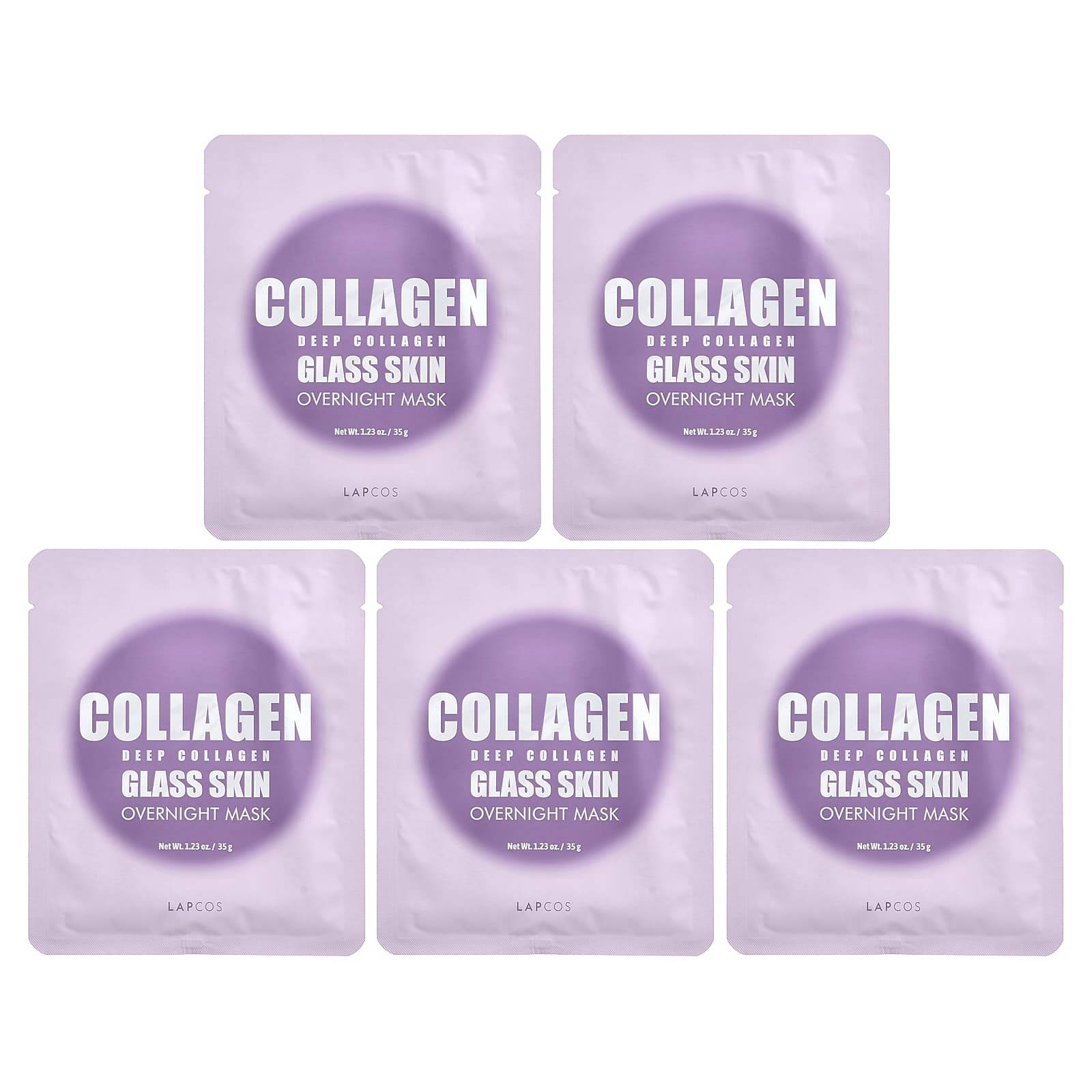 Lapcos Deep Collagen Glass Skin Overnight Beauty Mask, 4 Sheets, 35g (1.23oz) Each