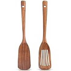 2-pack icke-giftiga spatlar i trä för köksredskap set akacia trä matlagning spatel platt wok pannkaka stekspade bambu slitsad sked för matlagningsredskap spatel skrapa lång fisk ägg flipper spatlar