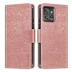 Shantime Träfiber textur läder plånbok flipfodral kompatibel med Lenovo ThinkPhone 5G, korthållare, stöd och inre mjukt TPU-fodral skydd för Lenovo ThinkPhone 5G (6,7 tum) roséguld