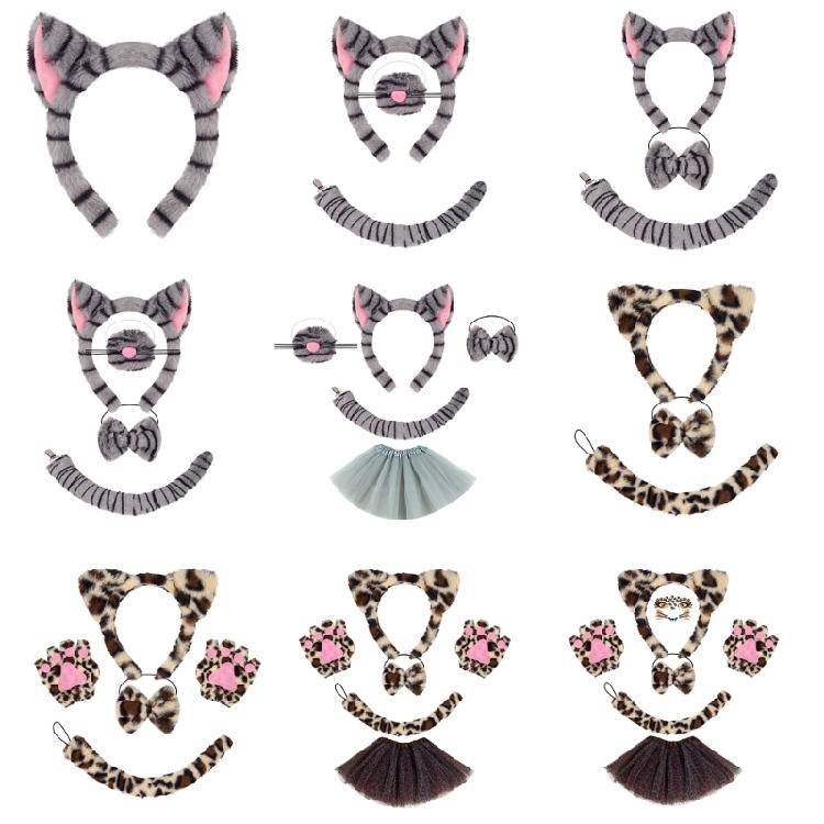 Djur Katter Kostymer Kattöron Hårband Svans Fluga Tutu Djur Maskeraddräkt Kit Halloween Cosplay Festtillbehör gray