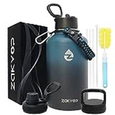 ZAKVOP 2L Isolerad Vattenflaska med Sugrör och 3 Lock, Vattenflaska i Rostfritt Stål med Paracord-handtag, 2 liters Vattenflaska i Metall med Flaskborstar för Gym, Vandring, Camping