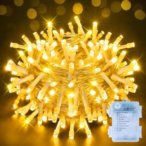 Ollny Lichterkette Außen Batterie 10m, 100 LEDs Warmweiß Timer für Innen