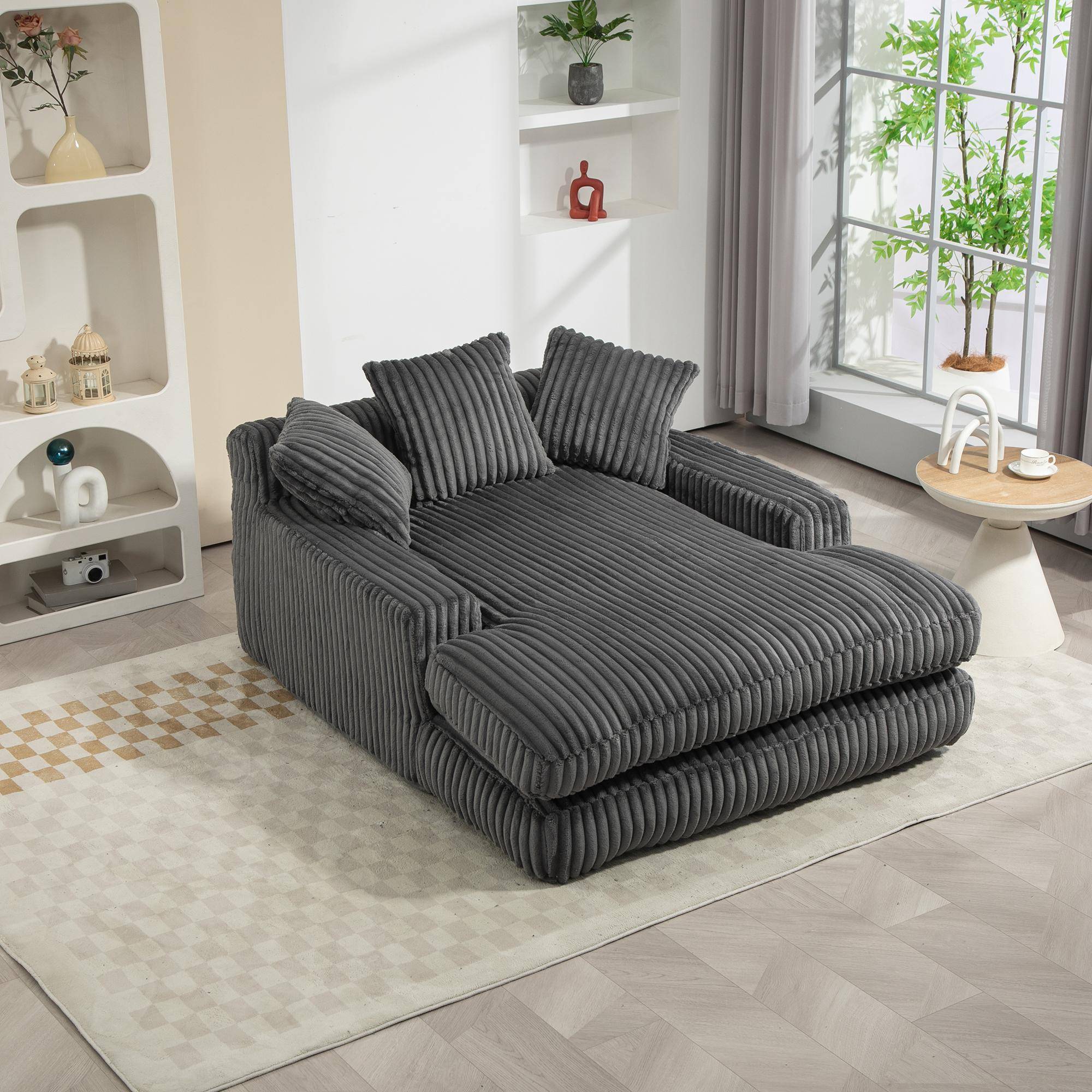 Oversized Chaise Longue Sofa with 3 Throw Cushions and Wide Armrests, Chair with Shredded Memory Foam Seat, 155L x 125W x 63H cm, Dark Gray Aosom UK