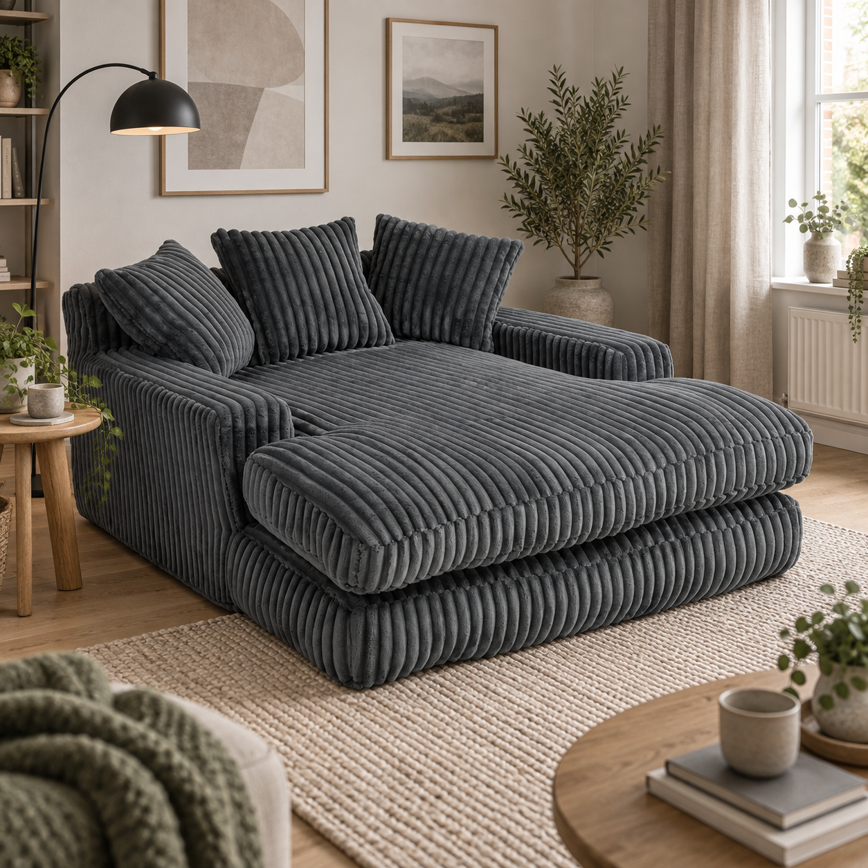 Oversized Chaise Longue Sofa with 3 Throw Cushions and Wide Armrests, Chair with Shredded Memory Foam Seat, 155L x 125W x 63H cm, Dark Gray Aosom UK
