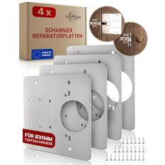LouMaxx Reparationsset med gångjärn, uppsättning med 4 gångjärnsreparationsplattor av rostfritt stål med skruvar - universell reparationsplatta för gångjärn med lösa 35 mm möbelgångjärn från alla
