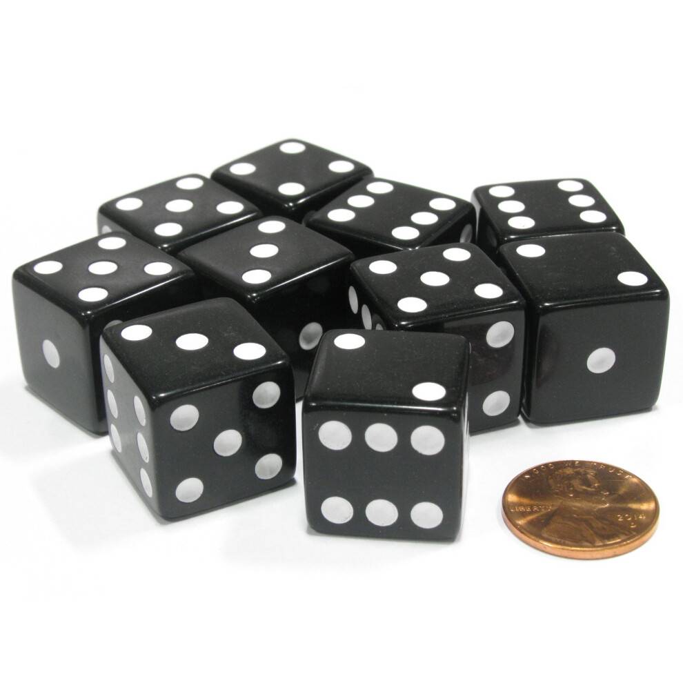 Koplow Games S?t med 10 store sekssidede firkantede uigennemsigtige 19 mm D6 terninger - sort med hvid pip-die