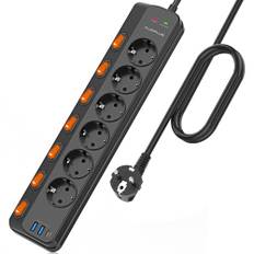 Överspänningsskydd med 6 uttag och PD, 20 W, 1 typ-C-port och 2 USB-A-portar, USB-anslutning med 7 individuella strömbrytare, 3680W/16 A, 1 050 J, 3M-sladd för hemmakontor