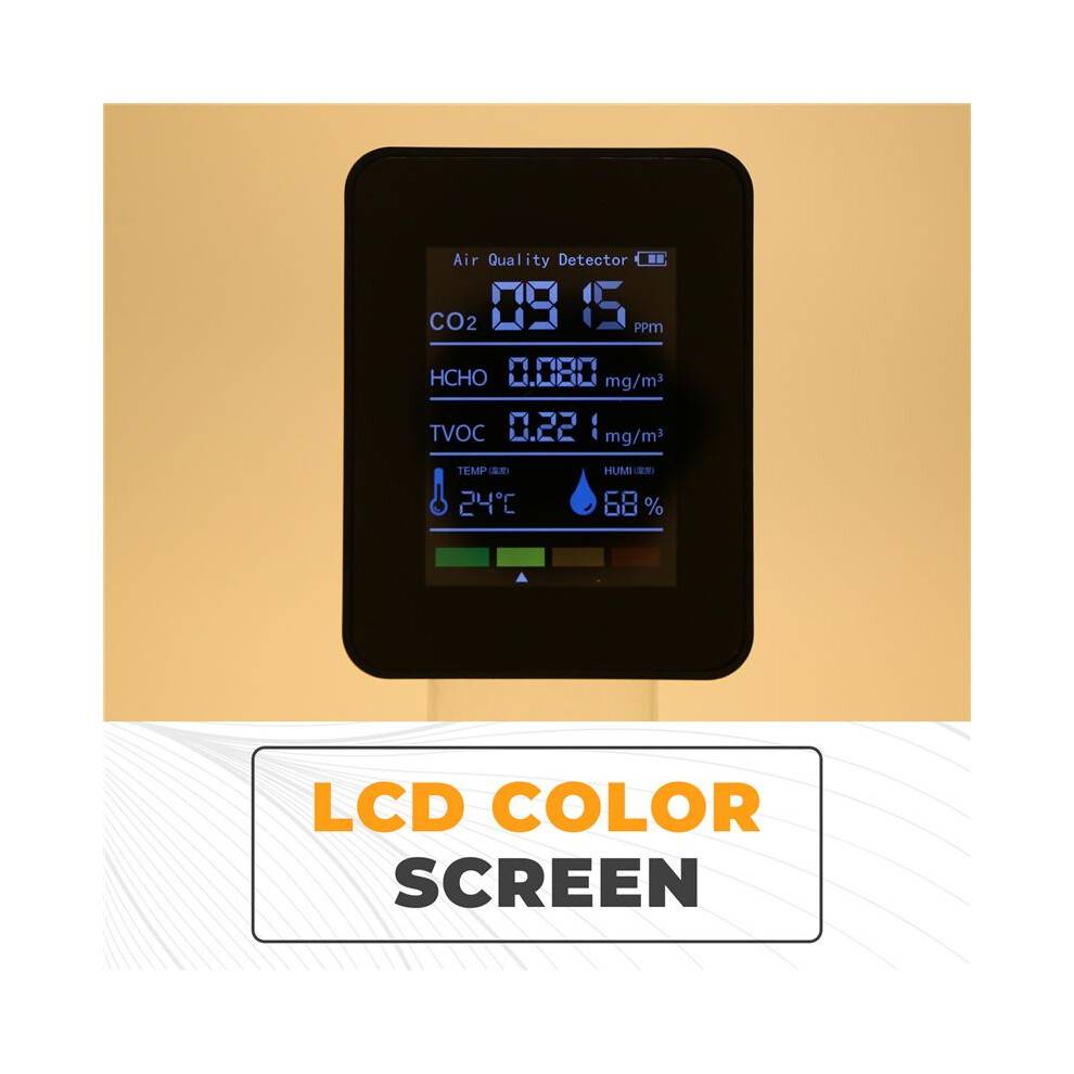 5 in 1 Air Quality Monitor TVOC HCHO Temperature Humidity CO2 Meter, USB Rechargeable CO2 Detector Black