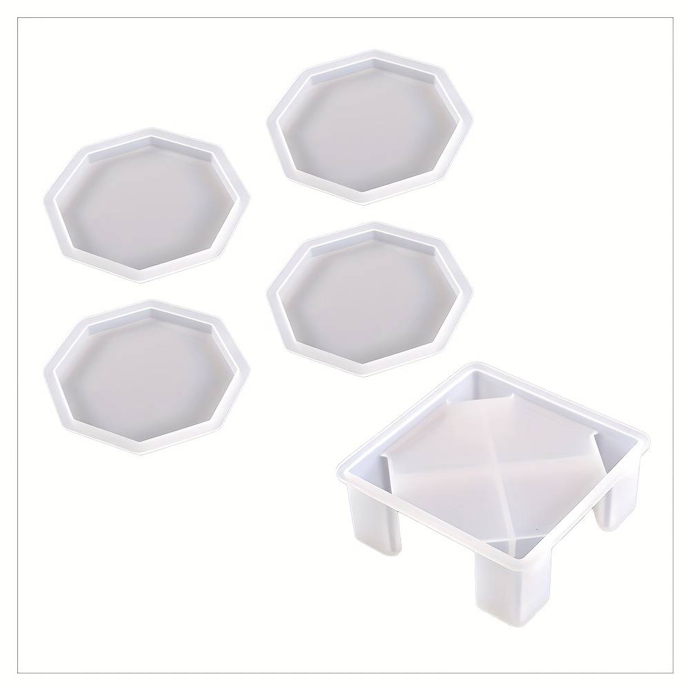 TEMU A Set Of 5 Silicone Resin Molds For Art Crafts, Including Square Coasters, A Storage Box For Coasters, Octagonal Coaster Molds, And Decorative Molds For Casting Platforms
