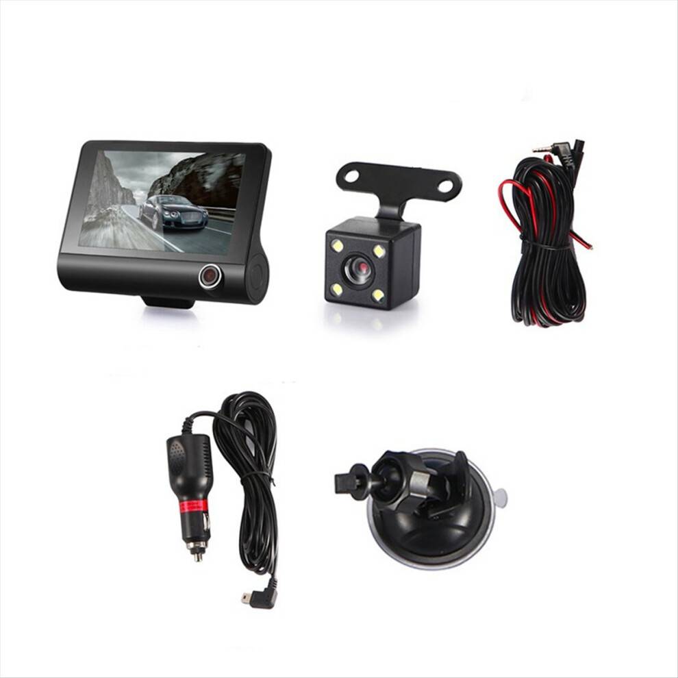 4 tommer bil DVR dashcam dashkamera HD-skærm 1080p 3-linser videooptager front- + indvendig + bakkamera