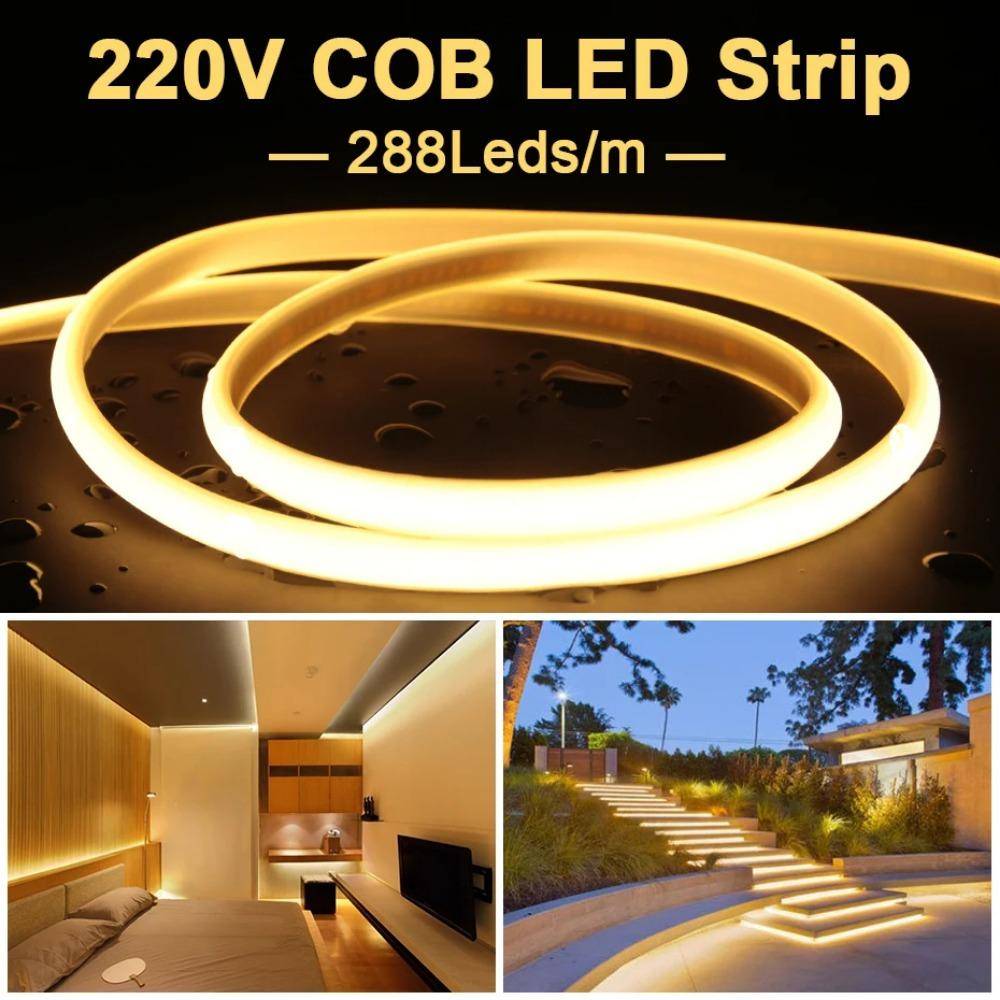 AC 220V COB LED Strip Neon Light Power Plug Kit High Density 288LED/m Linjär Belysning IP68 Vattentät Flexibel Led Ribbon
