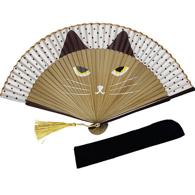 1pc Japanese Style Cat Pattern Bamboo Folding Fan Women Lovely Cartoon Kitty Hand Fans Kimono Bathrobe Handheld Fan Crafts Decor