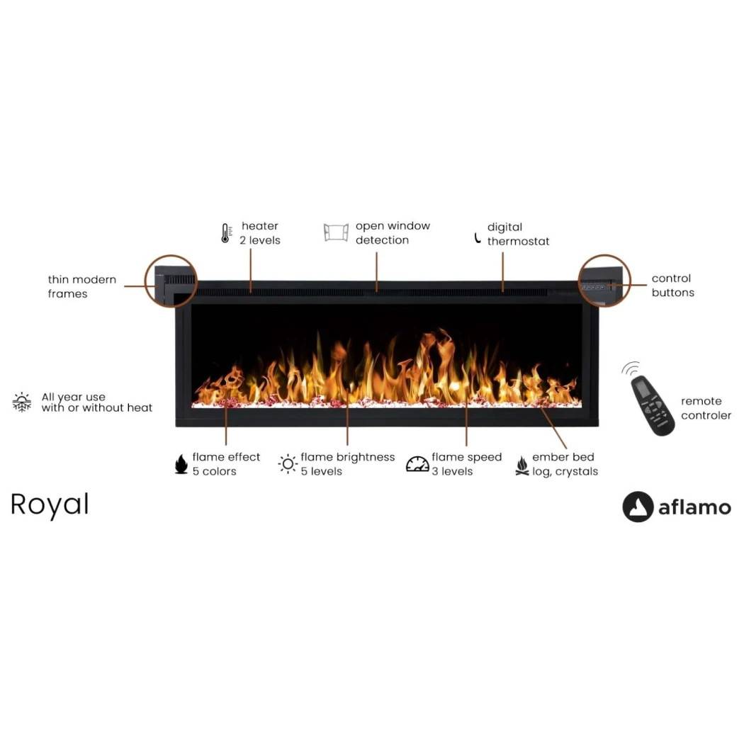 Aflamo Royal elektrisk pejs 182 cm (72\") - Vægmonteret, LED-flamme, Fjernbetjening, Sort glas, 1500 W opvarmning