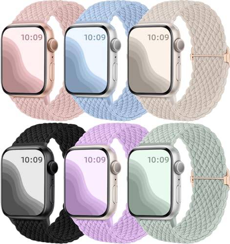 Maledan 6 Stück Geflochtenes Armband Kompatibel mit Apple Watch Armband 40mm 41mm 38mm 42mm Damen Herren, Elastisches Nylon Sport Solo Loop Ersatzband für iWatch SE Series 11 10 9 8 7 6 5 4 3 2 1