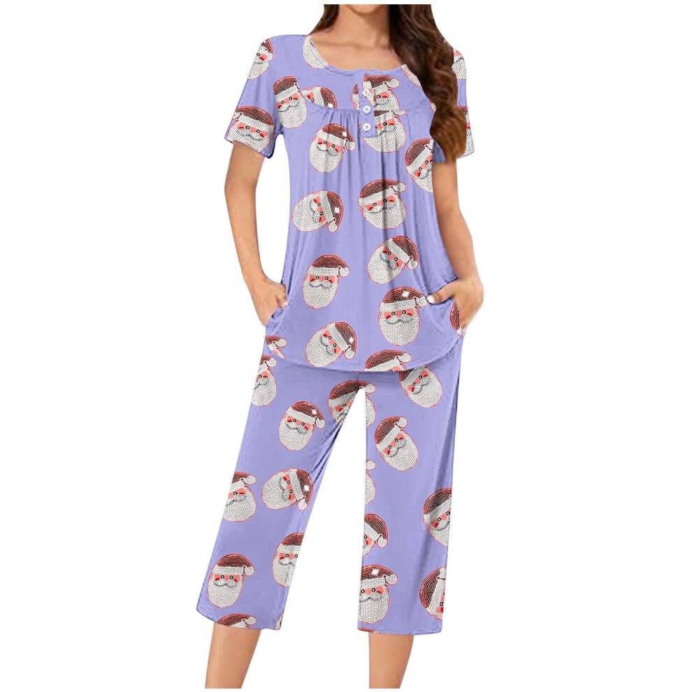Dame jule tegneserieprint korte ærmer capribukser 2-delt pyjamassæt blødt og hyggeligt nattøj med knapudskæring komfortabel hjemmepyjamas til