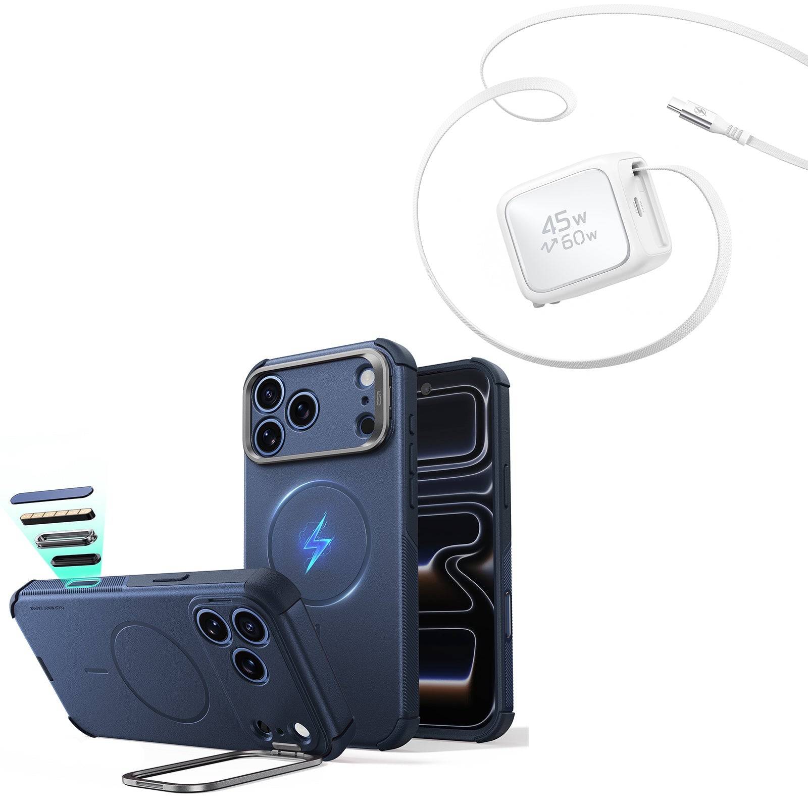 iPhone 18 Pro Max Cyber Tough Magnetic Case with Camera Control and Flex Stand, Plus Xtend 45W Retractable Charger Bundle - Navy Blue - Navy Blue