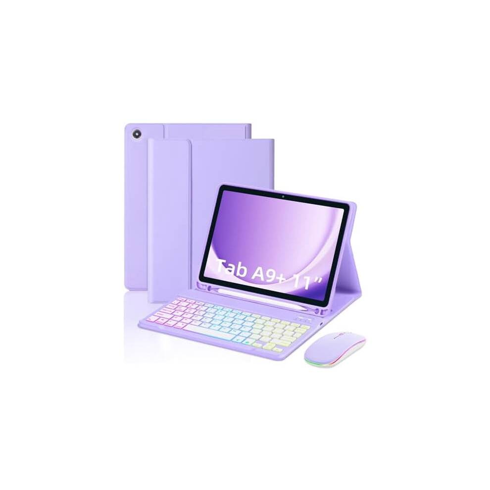 Rainbow baggrundsbelyst tastaturcover til Samsung Galaxy Tab A9Plus11" (SM-X210/X215/X216/X218), kompatibel med A9+ 5G, lilla