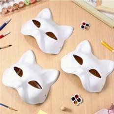 3pcs Cat Face Mask, White Blank DIY Paper Mask, Hand-Painted Fox Face Mask, Animal Disguise, Masquerade Ball Mask, Halloween Carnival Costume Props, Party Favors