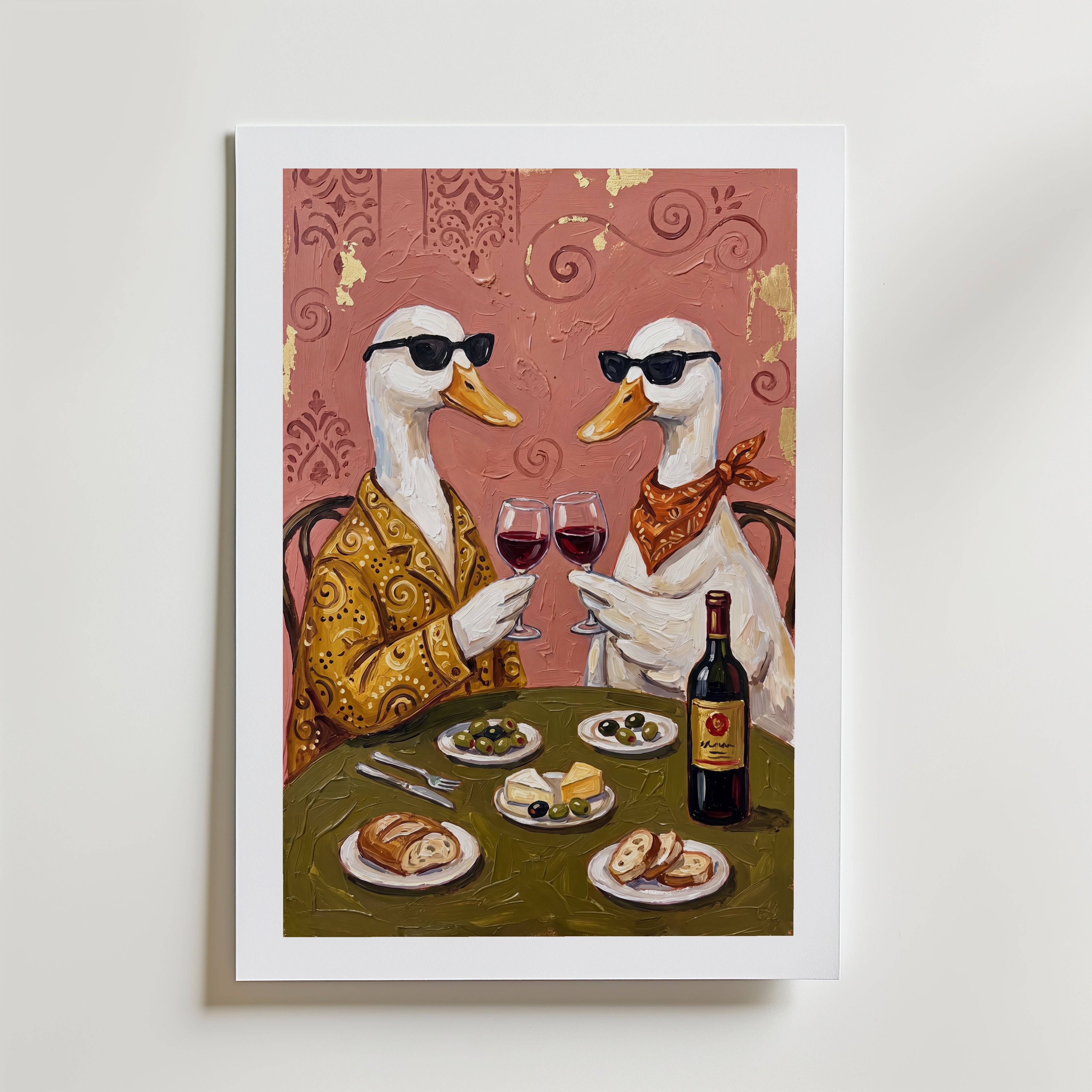 Wine O'Clock Ducks Poster - Premium Canvas 30x40 cm Med passepartout