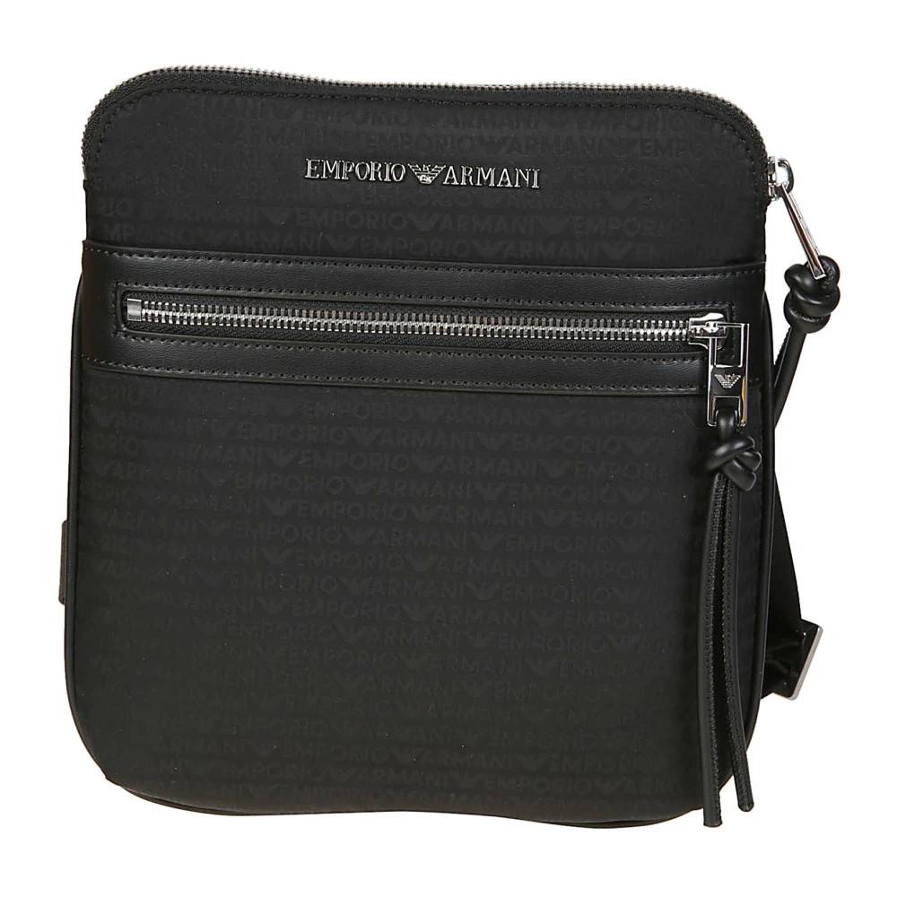 Emporio Armani Nylon Flat Skuldertaske med Monogrambogstaver - Tasker - Herre - Sort - ONE SIZE - Uld