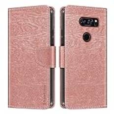 Träfiber textur läderplånbok flipfodral kompatibel med LG Signature Edition, korthållare och stöd inre mjukt TPU-fodral för LG V30+ JoJo L-02K (6 tum) roséguld